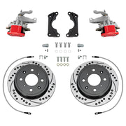 Wilwood red HM7 rear brake kit for Honda / Acura Original Rear Disc Applications, 9.37-inch drilled and slotted rotors and components laid out
