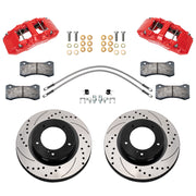 Wilwood red AERO6-DM front brake kit for 2007–2015 Toyota Tundra / 2008–2015 Sequoia, 13.39-inch drilled and slotted rotors and components laid out