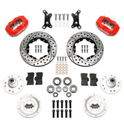 Wilwood red Forged Dynalite Internal front brake kit for 1955–1957 Chevrolet with Aftermarket Drop Spindles, 11.00-inch drilled and slotted rotors and components laid out
