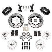 Wilwood black Forged Dynalite Internal front brake kit for 1955–1957 Chevrolet with Aftermarket Drop Spindles, 11.00-inch drilled and slotted rotors and components laid out
