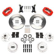 Wilwood red Forged Dynalite Internal front brake kit for 1955–1957 Chevrolet with Aftermarket Drop Spindles, 11.00-inch plain rotors and components laid out