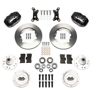 Wilwood black Forged Dynalite Internal front brake kit for 1955–1957 Chevrolet with Aftermarket Drop Spindles, 11.00-inch plain rotors and components laid out