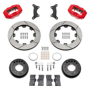 Wilwood red Forged Dynalite Internal front brake kit for Roadster Shop Mustang II Spindles, 11.38-inch slotted rotors and components laid out