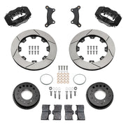 Wilwood black Forged Dynalite Internal front brake kit for Roadster Shop Mustang II Spindles, 11.38-inch slotted rotors and components laid out