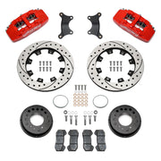 Wilwood red Dynapro 6 front brake kit for Roadster Shop Mustang II Spindles, 12.19-inch drilled and slotted rotors and components laid out