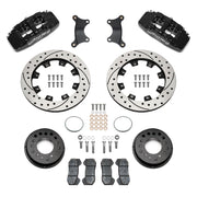 Wilwood black Dynapro 6 front brake kit for Roadster Shop Mustang II Spindles, 12.19-inch drilled and slotted rotors and components laid out