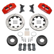 Wilwood red Dynapro 6 front brake kit for Roadster Shop Mustang II Spindles, 12.19-inch slotted rotors and components laid out