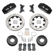 Wilwood black Dynapro 6 front brake kit for Roadster Shop Mustang II Spindles, 12.19-inch slotted rotors and components laid out