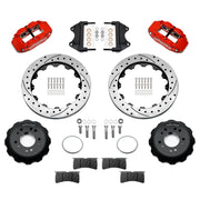 Wilwood red FNSL6R front brake kit for Roadster Shop Mustang II Spindles, 12.88-inch drilled and slotted rotors and components laid out