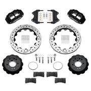 Wilwood black FNSL6R front brake kit for Roadster Shop Mustang II Spindles, 12.88-inch drilled and slotted rotors and components laid out