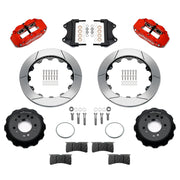 Wilwood red FNSL6R front brake kit for Roadster Shop Mustang II Spindles, 12.88-inch slotted rotors and components laid out