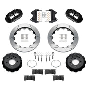 Wilwood black FNSL6R front brake kit for Roadster Shop Mustang II Spindles, 12.88-inch slotted rotors and components laid out