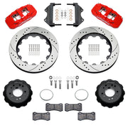 Wilwood red AERO6 front brake kit for Roadster Shop Mustang II Spindles, 14.00-inch drilled and slotted rotors and components laid out