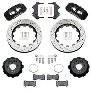 Wilwood black AERO6 front brake kit for Roadster Shop Mustang II Spindles, 14.00-inch drilled and slotted rotors and components laid out