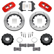 Wilwood red AERO6 front brake kit for Roadster Shop Mustang II Spindles, 14.00-inch slotted rotors and components laid out