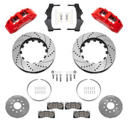 Wilwood red SX6R front brake kit for Roadster Shop Mustang II Spindles, 15.00-inch drilled and slotted rotors and components laid out