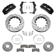 Wilwood black SX6R front brake kit for Roadster Shop Mustang II Spindles, 15.00-inch drilled and slotted rotors and components laid out