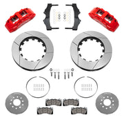 Wilwood red SX6R front brake kit for Roadster Shop Mustang II Spindles, 15.00-inch slotted rotors and components laid out