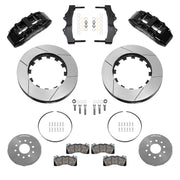 Wilwood black SX6R front brake kit for Roadster Shop Mustang II Spindles, 15.00-inch slotted rotors and components laid out