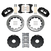Components laid out for the Wilwood front FNSL6R brake kit for Chevrolet Corvette C7, SRP drilled and slotted rotors and black powder coat calipers