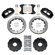 Components laid out for the Wilwood front FNSL6R brake kit for Chevrolet Corvette C7, GT-slotted rotors and black powder coat calipers