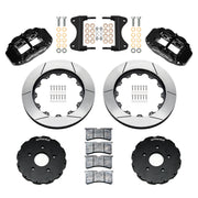 Components laid out for the Wilwood front FNSL6R brake kit for Chevrolet Corvette C7, GT-slotted rotors and black powder coat calipers