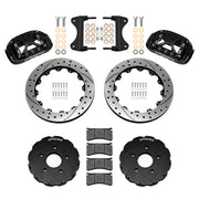 Components laid out for the Wilwood front XRS6R brake kit for Chevrolet Corvette C7, SRP drilled and slotted rotors and black powder coat calipers