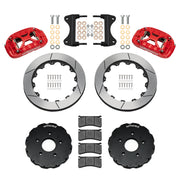 Components laid out for the Wilwood front XRS6R brake kit for Chevrolet Corvette C7, GT-slotted rotors and red powder coat calipers