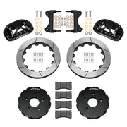 Components laid out for the Wilwood front XRS6R brake kit for Chevrolet Corvette C7, GT-slotted rotors and black powder coat calipers