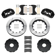 Components laid out for the Wilwood front XRS6R brake kit for Chevrolet Corvette C7, GT-slotted rotors and black powder coat calipers