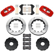 Components laid out for the Wilwood front AERO6 brake kit for Chevrolet Corvette C7, GT-slotted rotors and red powder coat calipers