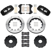 Components laid out for the Wilwood front AERO6 brake kit for Chevrolet Corvette C7, GT-slotted rotors and black powder coat calipers