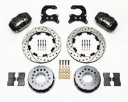 Components laid out for the Wilwood rear Dynalite Pro Series brake kit for Oldsmobile/Pontiac Housing Ends, SRP drilled and slotted rotors and black powder coat calipers