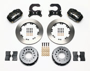 Components laid out for the Wilwood rear Dynalite Pro Series brake kit for Chevrolet 12-Bolt C-Clip Axles, plain face rotors and black powder coat calipers