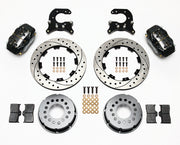 Components laid out for the Wilwood rear Dynalite Pro Series brake kit for Small Ford Housing Ends, 2.66-Inch Offset, SRP drilled and slotted rotors and black powder coat calipers