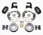 Components laid out for the Wilwood rear Dynalite Pro Series brake kit for Small Ford Housing Ends, 2.66-Inch Offset, plain face rotors and black powder coat calipers