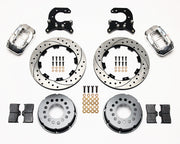 Components laid out for the Wilwood rear Dynalite Pro Series brake kit for Small Ford Housing Ends, 2.66-Inch Offset, SRP drilled and slotted rotors and polish calipers
