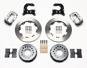 Components laid out for the Wilwood rear Dynalite Pro Series brake kit for Small Ford Housing Ends, 2.66-Inch Offset, plain face rotors and polish calipers