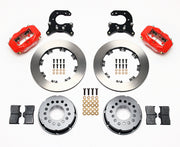Components laid out for the Wilwood rear Dynalite Pro Series brake kit for Small Ford Housing Ends, 2.66-Inch Offset, plain face rotors and red powder coat calipers