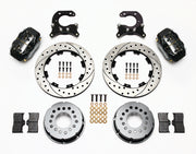 Components laid out for the Wilwood rear Dynalite Pro Series brake kit for Big Ford Housing Ends, 2.54-Inch Offset, SRP drilled and slotted rotors and black powder coat calipers