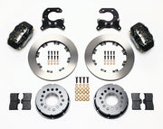 Components laid out for the Wilwood rear Dynalite Pro Series brake kit for Big Ford Housing Ends, 2.54-Inch Offset, plain face rotors and black powder coat calipers