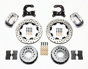 Components laid out for the Wilwood rear Dynalite Pro Series brake kit for Big Ford Housing Ends, 2.54-Inch Offset, SRP drilled and slotted rotors and polish calipers