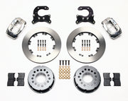 Components laid out for the Wilwood rear Dynalite Pro Series brake kit for Big Ford Housing Ends, 2.54-Inch Offset, plain face rotors and polish calipers
