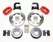 Components laid out for the Wilwood rear Dynalite Pro Series brake kit for Big Ford Housing Ends, 2.54-Inch Offset, plain face rotors and red powder coat calipers