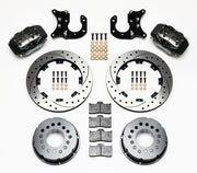 Components laid out for the Wilwood rear Dynalite Pro Series brake kit for Big Ford Housing Ends, 2.36-Inch Offset, SRP drilled and slotted rotors and black powder coat calipers