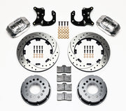 Components laid out for the Wilwood rear Dynalite Pro Series brake kit for Big Ford Housing Ends, 2.36-Inch Offset, SRP drilled and slotted rotors and polish calipers