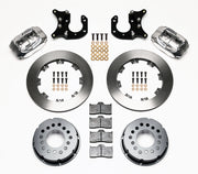 Components laid out for the Wilwood rear Dynalite Pro Series brake kit for Big Ford Housing Ends, 2.36-Inch Offset, plain face rotors and polish calipers