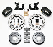 Components laid out for the Wilwood rear Dynalite Pro Series brake kit for Mopar/Dana Axles, 2.72-Inch Offset, SRP drilled and slotted rotors and black powder coat calipers