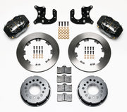 Components laid out for the Wilwood rear Dynalite Pro Series brake kit for Mopar/Dana Axles, 2.72-Inch Offset, plain face rotors and black powder coat calipers