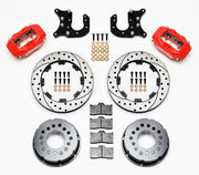 Components laid out for the Wilwood rear Dynalite Pro Series brake kit for Mopar/Dana Axles, 2.72-Inch Offset, SRP drilled and slotted rotors and red powder coat calipers